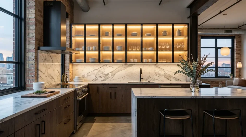 Contemporary loft-style kitchen featuring dark oak lower cabinets and ribbed fluted glass upper cabinets with black metal frames.