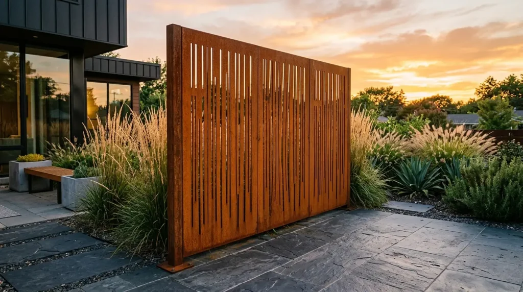 A modern outdoor space features a rust-colored metal privacy screen with vertical slits, surrounded by ornamental grasses and plants. The area is paved with slate tiles, and a contemporary building with large windows is visible in the background. The sky is painted with a warm sunset glow.