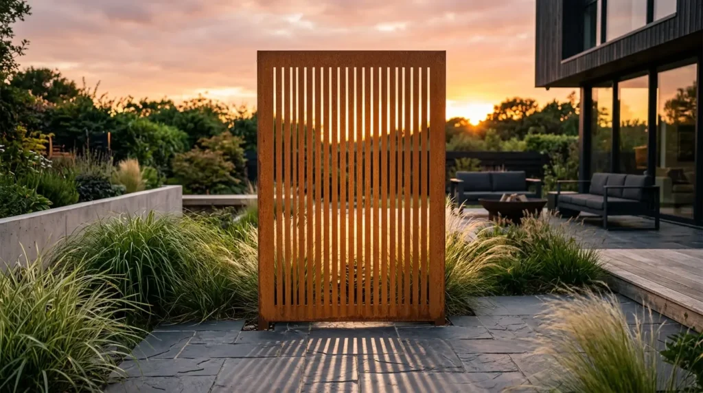 A modern garden features a rust-colored metal privacy screen with vertical slats, set on a slate patio surrounded by lush green grasses. In the background, a stylish outdoor seating area and a contemporary building are bathed in the warm glow of a sunset.