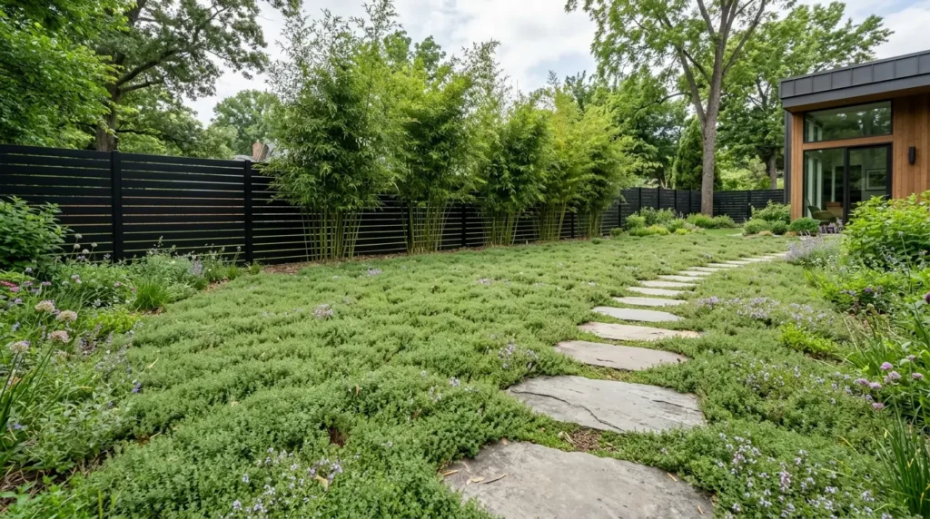 Eco-friendly no-mow backyard with creeping thyme groundcover and stepping stones.
