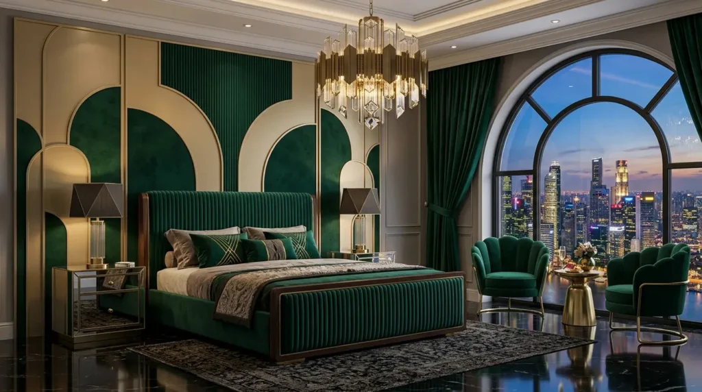 Glamorous Art Deco bedroom with emerald velvet, gold accents, and arched window.