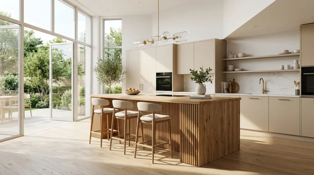 A modern kitchen with a large wooden island featuring three bar stools, surrounded by light beige cabinets. Large glass doors and windows let in abundant natural light, offering a view of a lush garden outside. A sleek pendant light hangs above the island, and a vase with greenery adds a fresh touch.