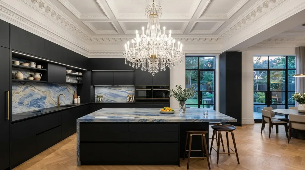 Modern neo-classic kitchen blending sleek handle-less matte black cabinets with ornate crown molding, blue quartzite island, and a traditional chandelier.