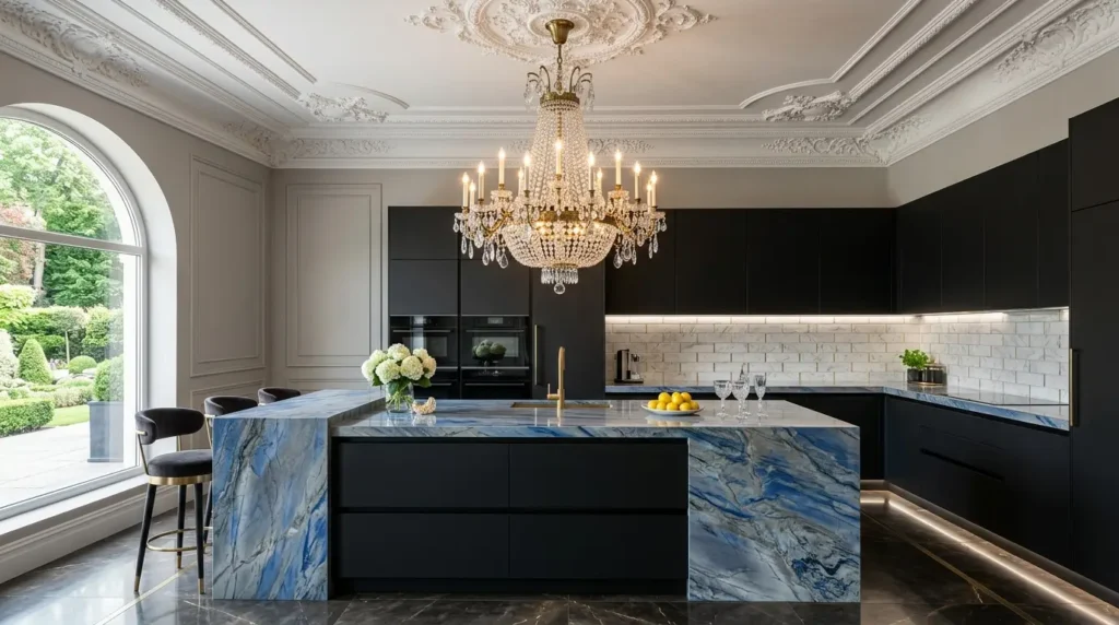 Modern neo-classic kitchen blending sleek handle-less matte black cabinets with ornate crown molding, blue quartzite island, and a traditional chandelier.