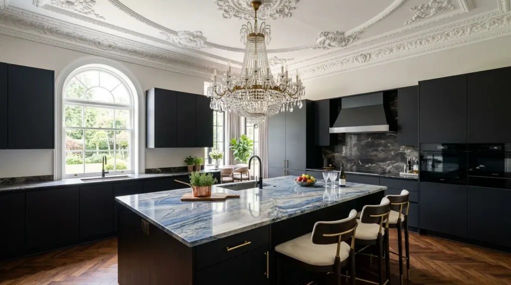 Modern neo-classic kitchen blending sleek handle-less matte black cabinets with ornate crown molding, blue quartzite island, and a traditional chandelier.