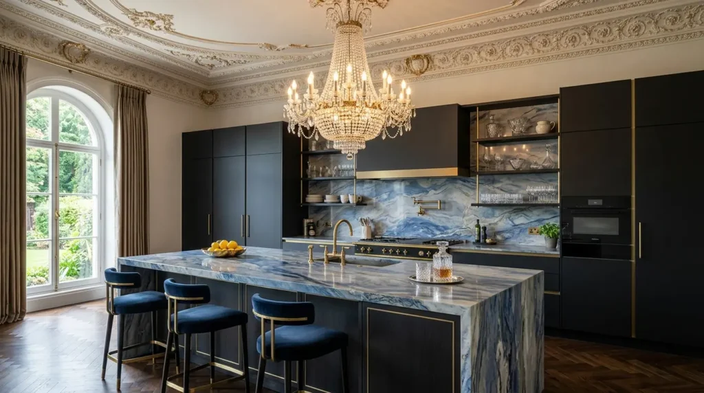 Modern neo-classic kitchen blending sleek handle-less matte black cabinets with ornate crown molding, blue quartzite island, and a traditional chandelier.