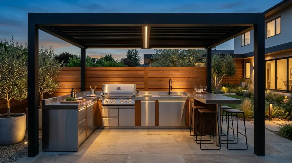 A modern outdoor kitchen features a sleek stainless steel grill and countertop under a stylish pergola. The setting is illuminated with warm lighting, surrounded by potted plants and a wooden privacy fence, creating an inviting atmosphere in a backyard space.