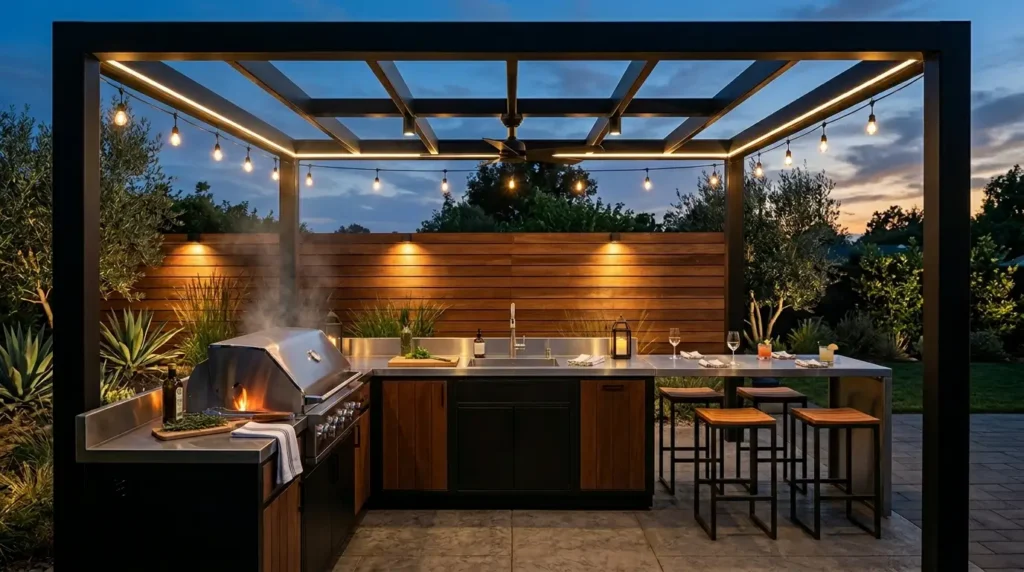 A stylish outdoor kitchen with a sleek grill emitting steam, surrounded by a pergola adorned with string lights. The space features a wooden and metal design, a countertop with stools, and is set against a backdrop of lush greenery at dusk.