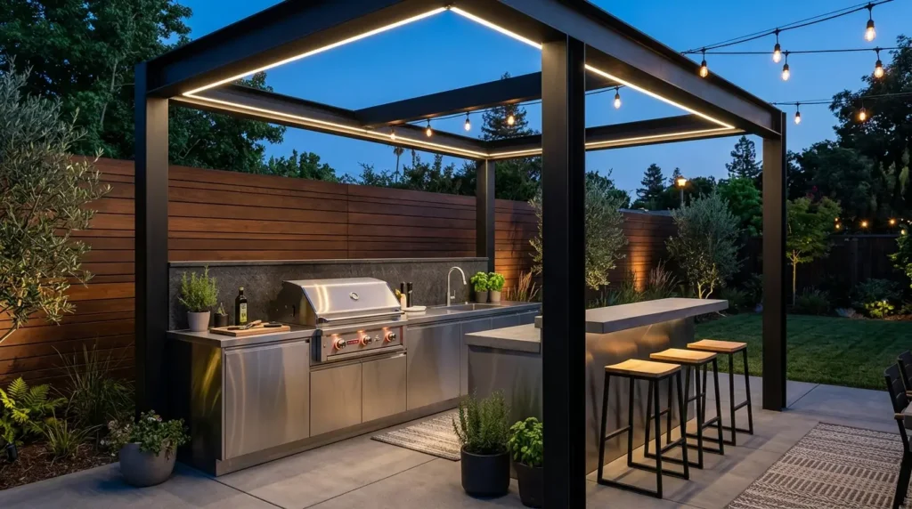 A modern outdoor kitchen is set under a sleek pergola with integrated lighting. It features a stainless steel grill, a sink, and a countertop with three bar stools. String lights hang above, and the area is surrounded by a wooden fence and lush greenery, creating a cozy evening ambiance.