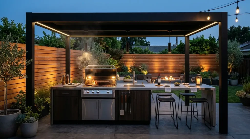 A stylish outdoor kitchen with a sleek grill emitting smoke, under a modern pergola adorned with string lights. The setting includes a countertop with bar stools, a bottle of wine, glasses, and snacks, surrounded by lush greenery and a wooden privacy fence, creating a cozy evening ambiance.