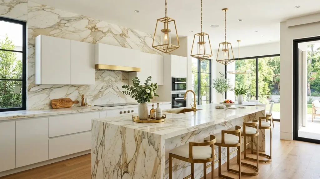 Opulent modern kitchen wrapped entirely in heavily veined Calacatta gold marble, featuring a seamless backsplash and minimalist white cabinets.