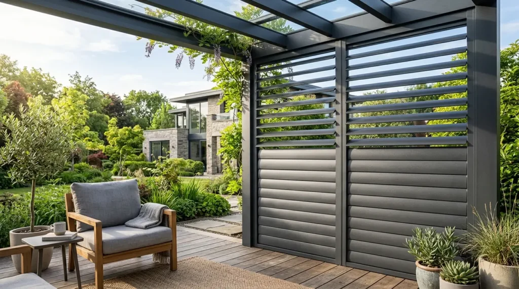 A modern outdoor patio features a comfortable armchair with a soft gray cushion and a small side table holding a coffee cup. The patio is partially enclosed with sleek gray slatted panels, surrounded by lush greenery and a well-maintained garden. In the background, a contemporary stone house is visible, set against a backdrop of vibrant trees and shrubs.