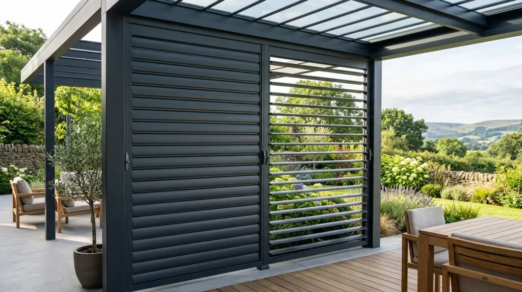 A modern outdoor patio features a sleek pergola with adjustable louvered panels, offering a view of a lush garden and rolling hills. The space is furnished with wooden chairs and a table, with potted plants adding a touch of greenery.