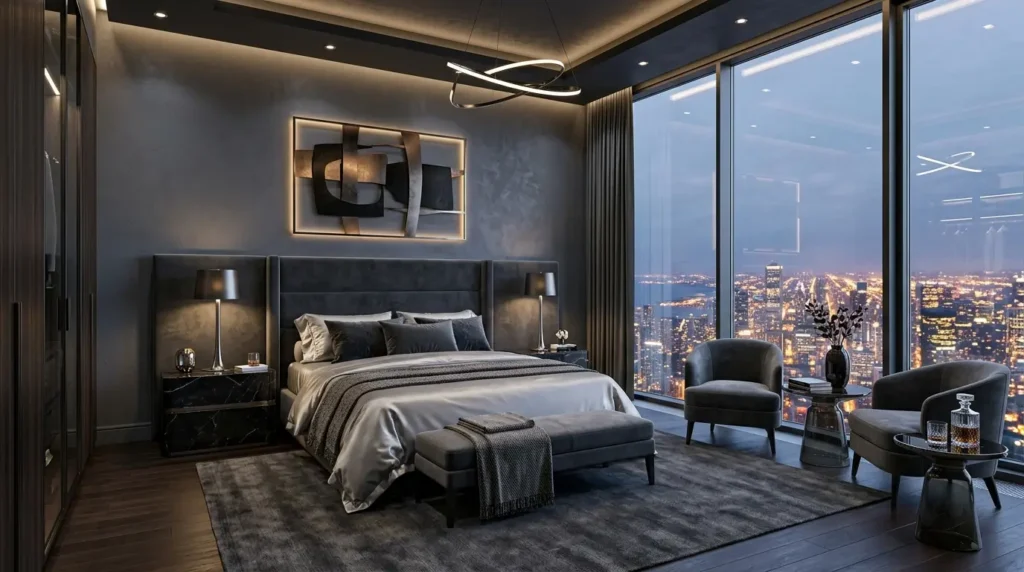 Moody charcoal grey bedroom with silver silk bedding and slate plaster walls.