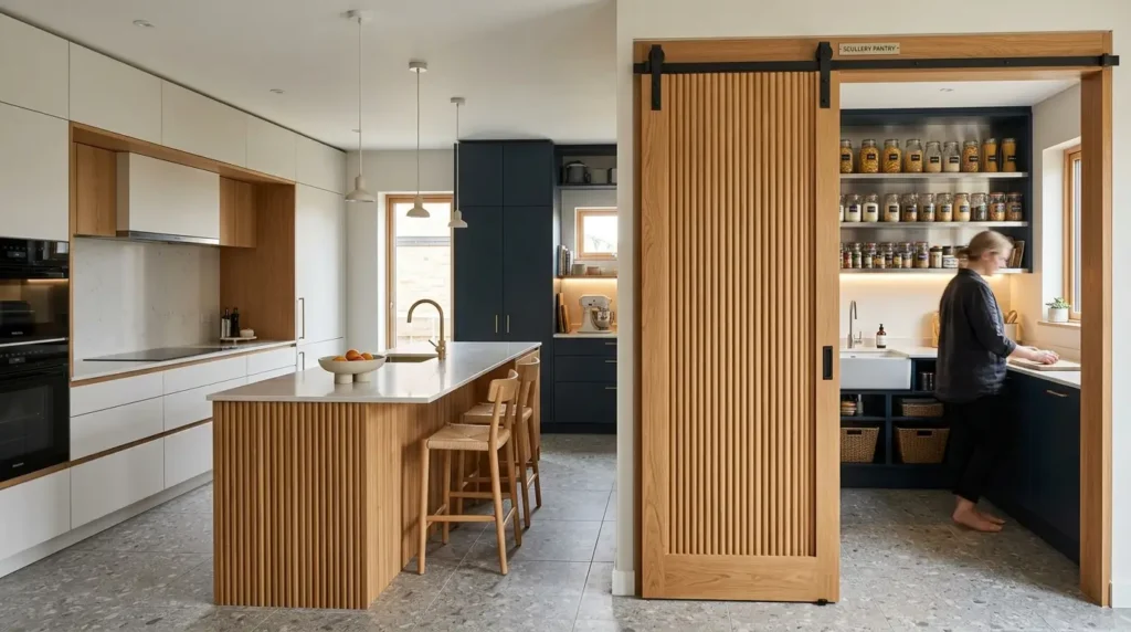A modern kitchen features a sleek design with white and wood cabinetry, a central island with wooden stools, and pendant lighting. To the right, a sliding wooden door opens to reveal a pantry where a person is organizing items on shelves stocked with jars and containers. The space is brightened by natural light from the windows.