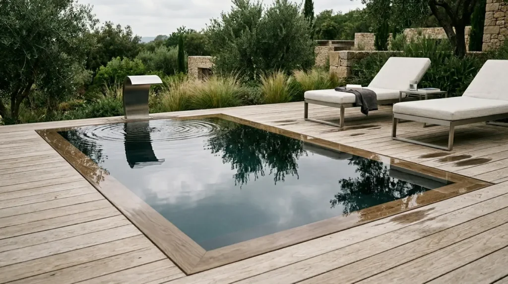 A modern, rectangular plunge pool is set in a wooden deck, surrounded by lush greenery and stone walls. Two white lounge chairs with a dark towel draped over one are positioned beside the pool, offering a serene and inviting atmosphere.
