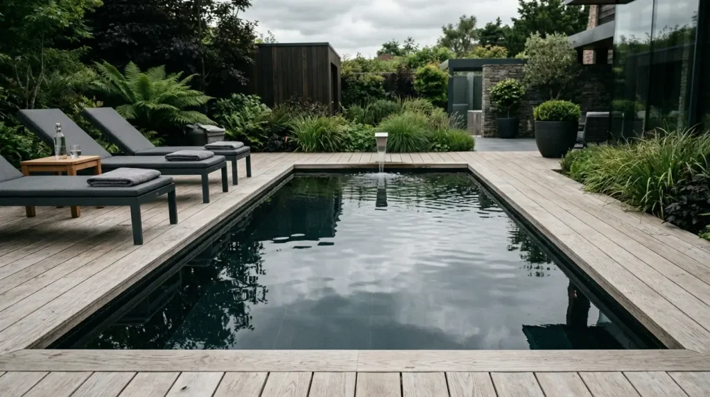 A sleek rectangular plunge pool is surrounded by a wooden deck, with four dark gray lounge chairs and a small table holding a bottle and glass. Lush greenery and potted plants create a tranquil garden setting under a cloudy sky.
