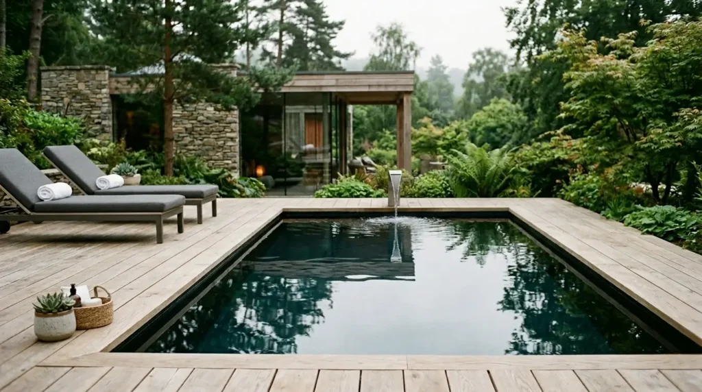 A serene backyard features a small, rectangular pool surrounded by a wooden deck, with two gray lounge chairs and rolled towels nearby. Lush greenery and a modern stone and glass building are visible in the background, creating a tranquil and inviting atmosphere.