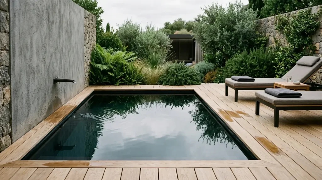 A serene backyard features a small rectangular pool surrounded by a wooden deck. Two cushioned lounge chairs with towels are positioned beside the pool, offering a relaxing spot. Lush green plants and stone walls create a private, tranquil atmosphere.