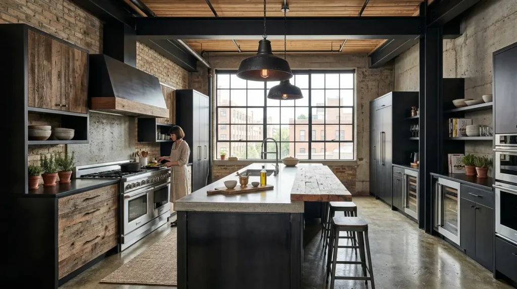 High-end industrial modern kitchen with exposed steel beams, polished concrete floors, and matte black metal cabinetry mixed with reclaimed wood.
