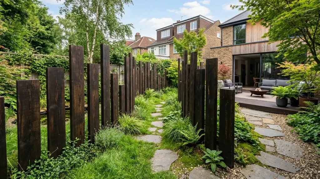 A modern backyard features a path of stepping stones leading to a patio with outdoor furniture. Tall, dark wooden planks create a unique fence on one side, while lush greenery and plants line the path. A brick house with large glass doors is visible in the background, surrounded by trees and shrubs.