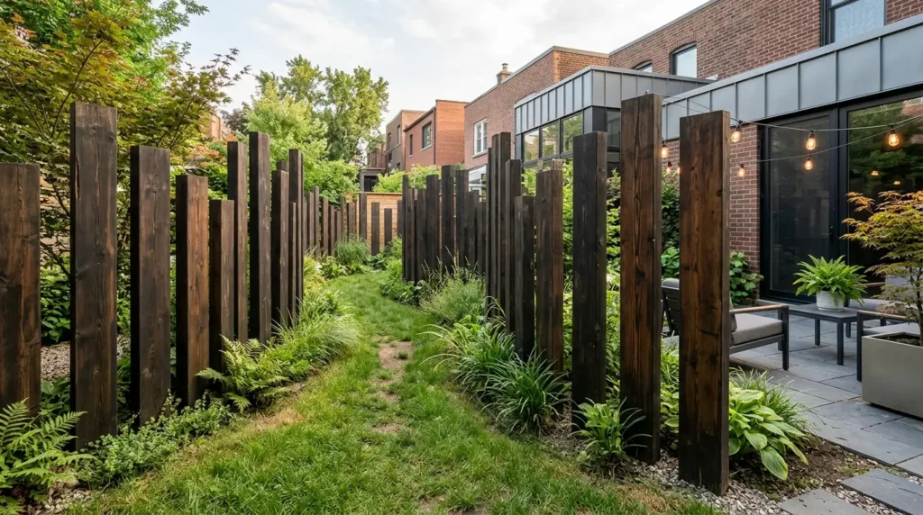 A narrow garden path lined with tall, dark wooden posts leads through lush greenery toward a brick building. On the right, a patio area with modern seating is visible, adorned with hanging string lights, creating a cozy outdoor space.