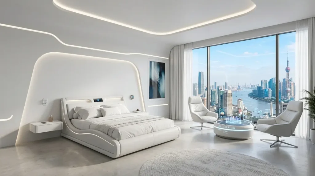 Futuristic white bedroom with integrated LED lighting and minimalist smart furniture.