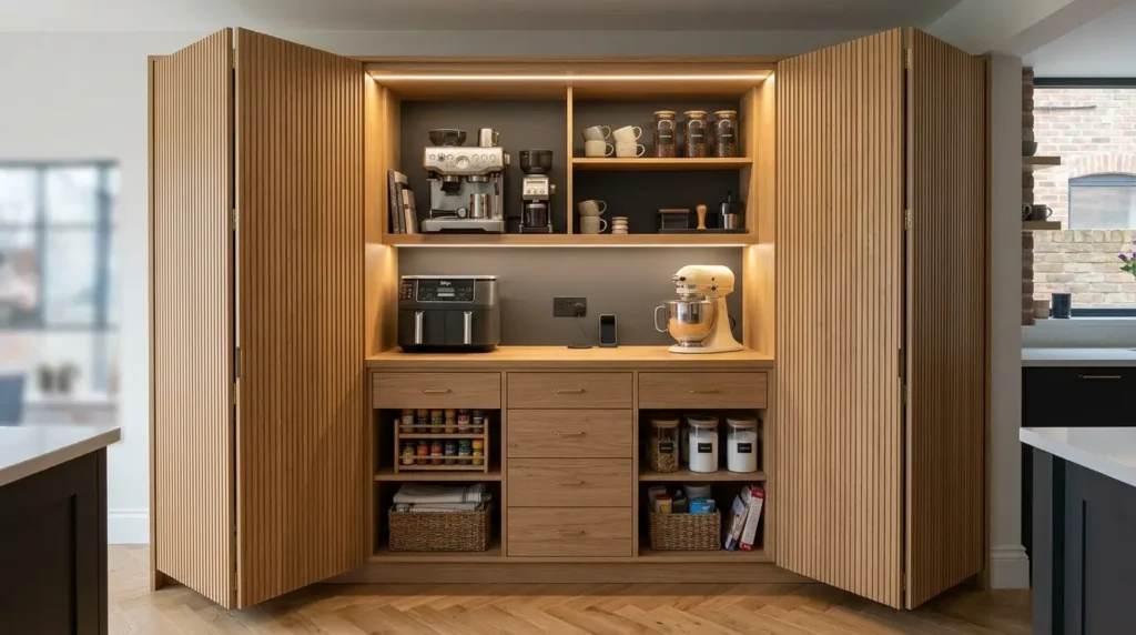 A modern kitchen cabinet with open wooden doors reveals a neatly organized coffee station. The setup includes a coffee machine, grinder, and jars of coffee beans on the top shelf. Below, a countertop holds a toaster oven and a stand mixer. The cabinet features additional storage with drawers and shelves containing spices, jars, and baskets, all illuminated by soft lighting.