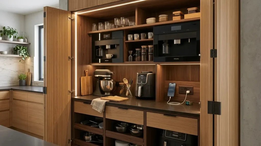 A modern kitchen cabinet with open doors reveals a neatly organized coffee station, featuring a built-in coffee machine and various mugs and glasses on shelves. Below, a mixer and a coffee grinder sit on the countertop, alongside a smartphone charging at a wall outlet. The cabinet's warm wood tones complement the sleek, minimalist design of the kitchen.