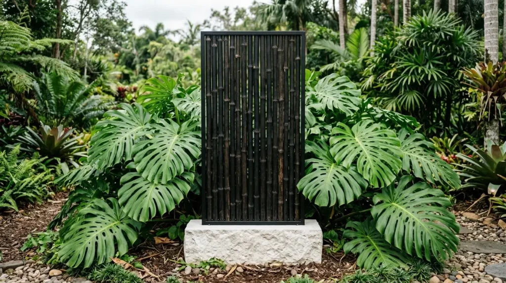 A vertical metal sculpture with a bamboo design stands on a stone base, surrounded by lush green foliage and large monstera leaves in a tropical garden setting.