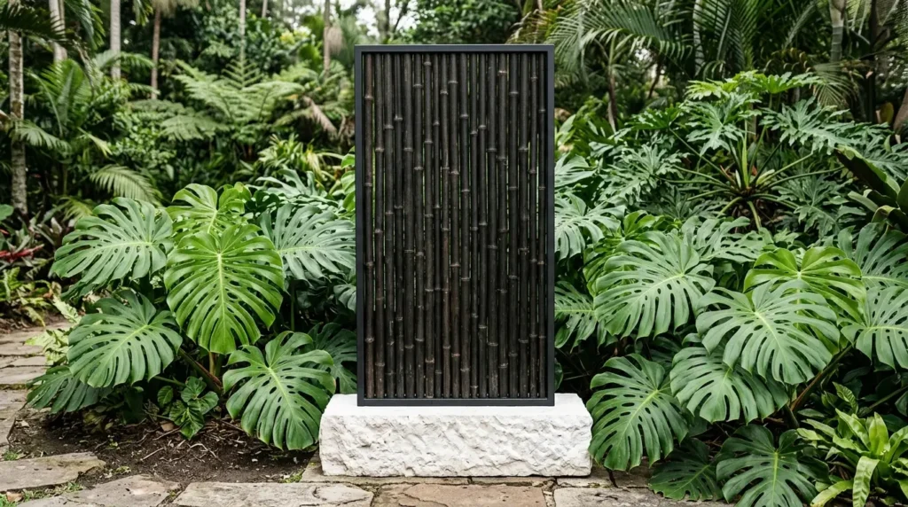 A vertical black bamboo water feature stands on a white stone base, surrounded by lush green monstera leaves in a tropical garden setting.