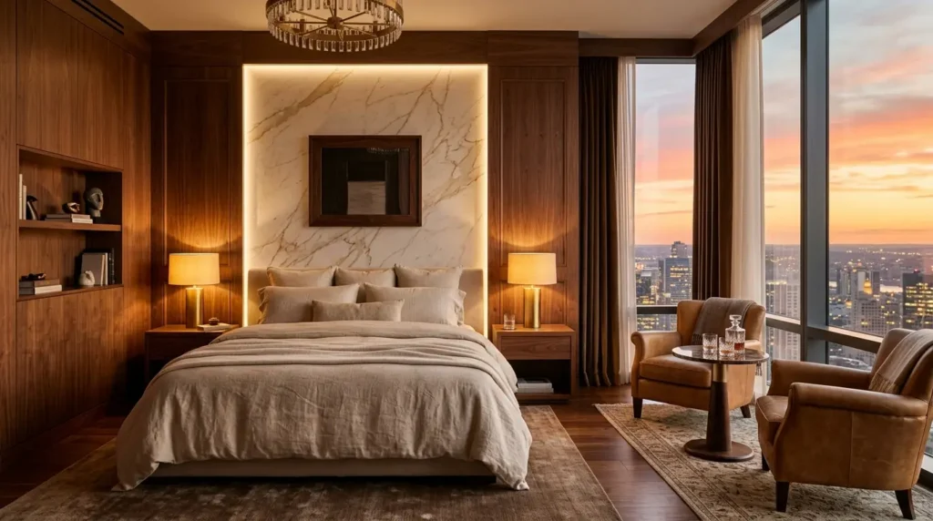 Warm walnut wood paneled bedroom with honey marble and tan leather chairs.