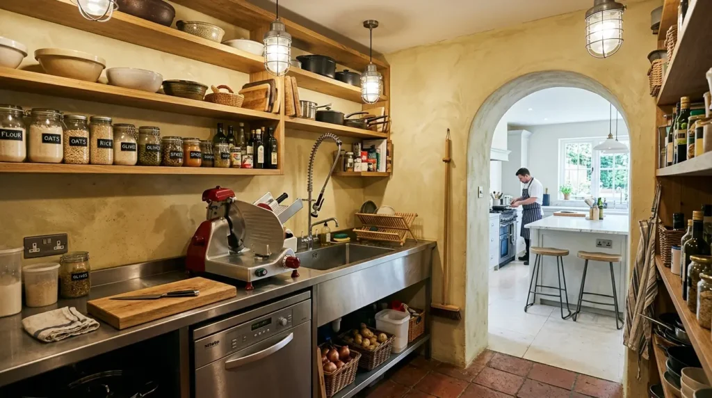 A cozy kitchen pantry features open wooden shelves filled with labeled jars of ingredients and various kitchenware. A meat slicer sits on the stainless steel countertop, and a dishwasher is below. Through an arched doorway, a person in an apron is cooking at a stove in a bright, modern kitchen with a large window and bar stools at a central island.