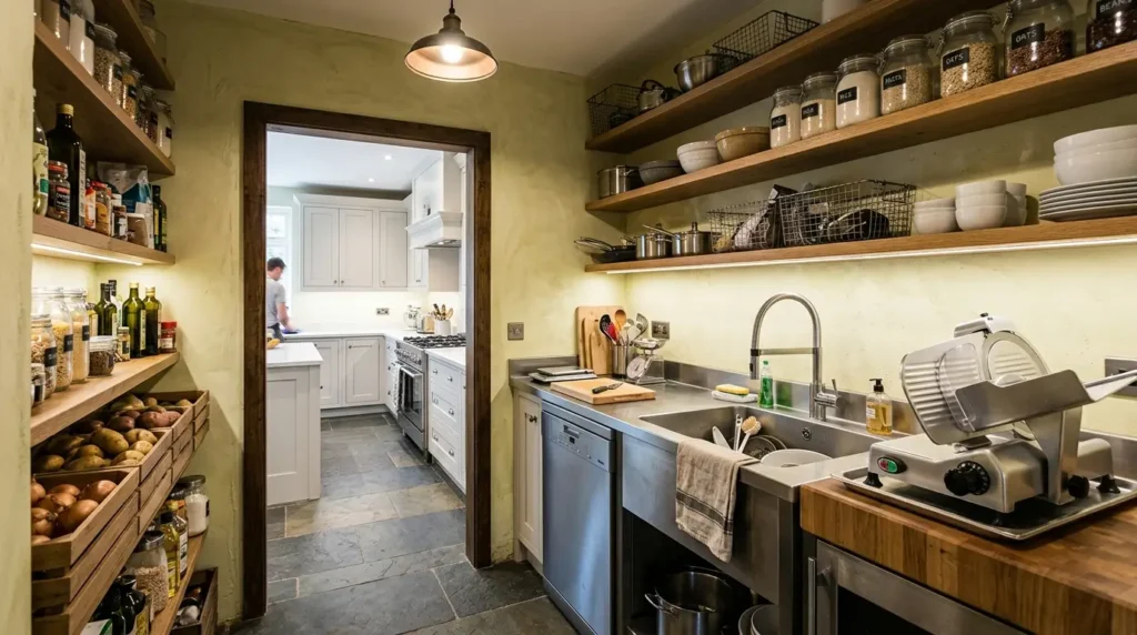 A cozy, organized kitchen features open wooden shelves filled with jars of grains and spices, and a countertop with a sink and a meat slicer. To the left, shelves hold bottles and baskets of potatoes and onions. The room opens into a bright, white kitchen where a person is visible in the distance.