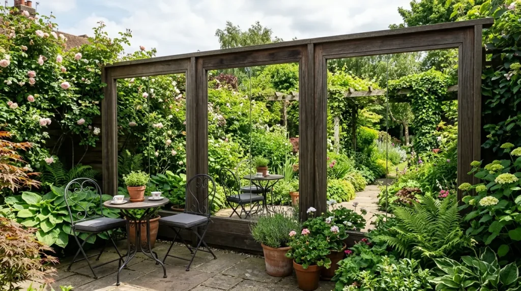 A charming garden scene features a small patio with two black metal chairs and a round table topped with potted plants and teacups. The area is surrounded by lush greenery and blooming flowers, with a large mirror reflecting the vibrant garden path and pergola, creating an illusion of expanded space.