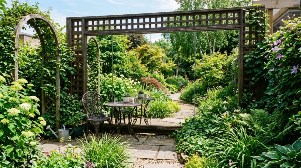 A charming garden scene features a wrought iron table and two chairs surrounded by lush greenery and vibrant flowers. A wooden trellis archway frames the path leading deeper into the garden, with a watering can placed nearby. The garden is filled with various plants, creating a serene and inviting atmosphere.