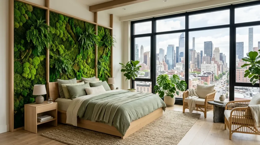 Vertical garden living wall in a modern bedroom with organic textures.