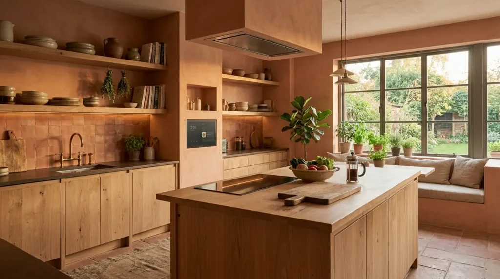A warm, inviting kitchen features wooden cabinetry and an island with a cutting board and potted plant. Open shelves display dishes and books, while large windows offer a view of a lush garden. A cozy bench with cushions is nestled by the window, enhancing the room's welcoming atmosphere.