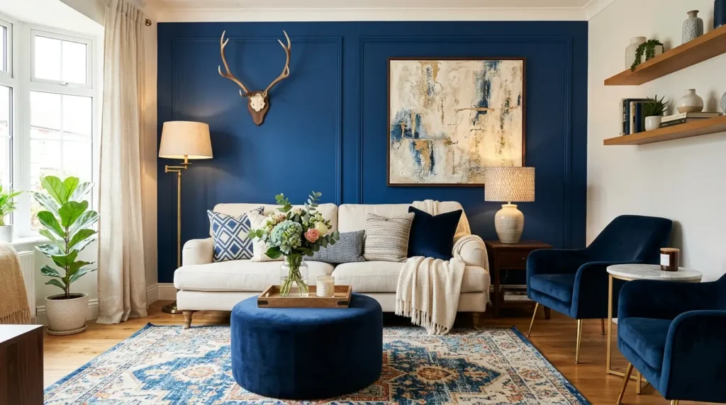 Bold Blue Living Room Makeover: Chic Antlers & Cozy Comfort Unveiled