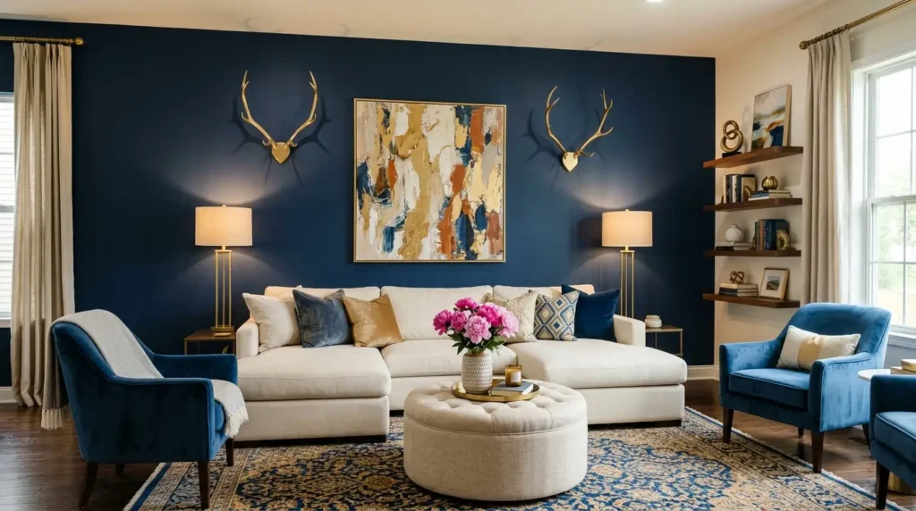 Bold Blue Living Room Makeover: Chic Antlers & Cozy Comfort Unveiled