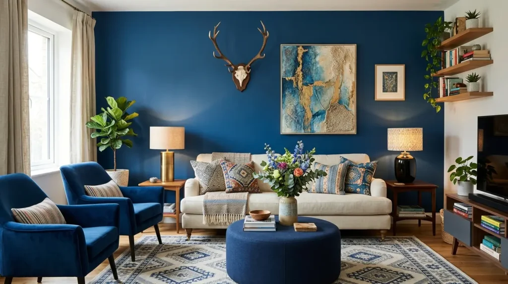 Bold Blue Living Room Makeover: Chic Antlers & Cozy Comfort Unveiled