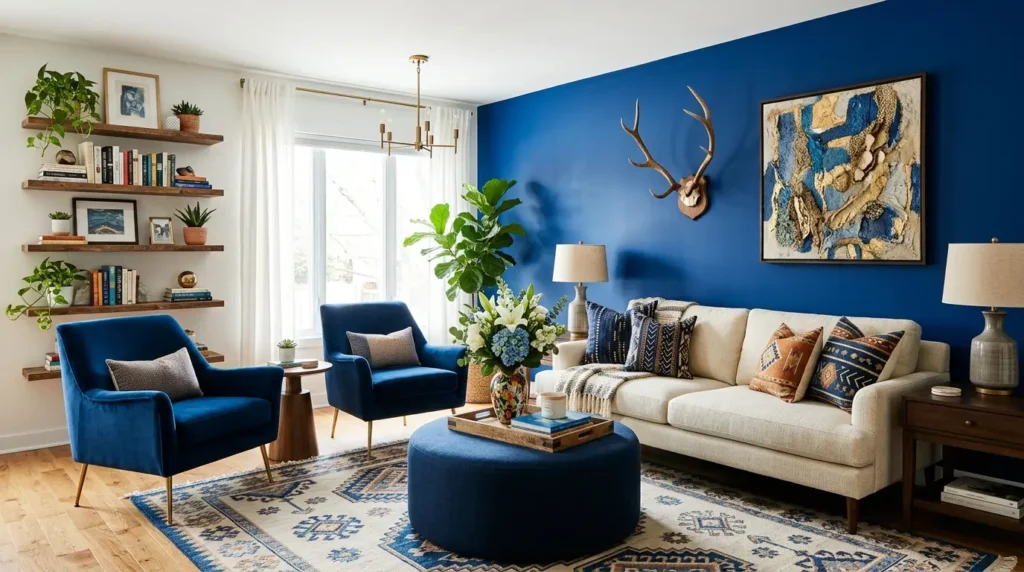 Bold Blue Living Room Makeover: Chic Antlers & Cozy Comfort Unveiled