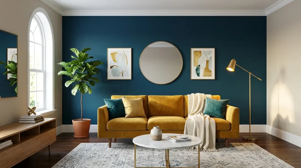 Bold Blue Living Room Makeover: Chic Antlers & Cozy Comfort Unveiled