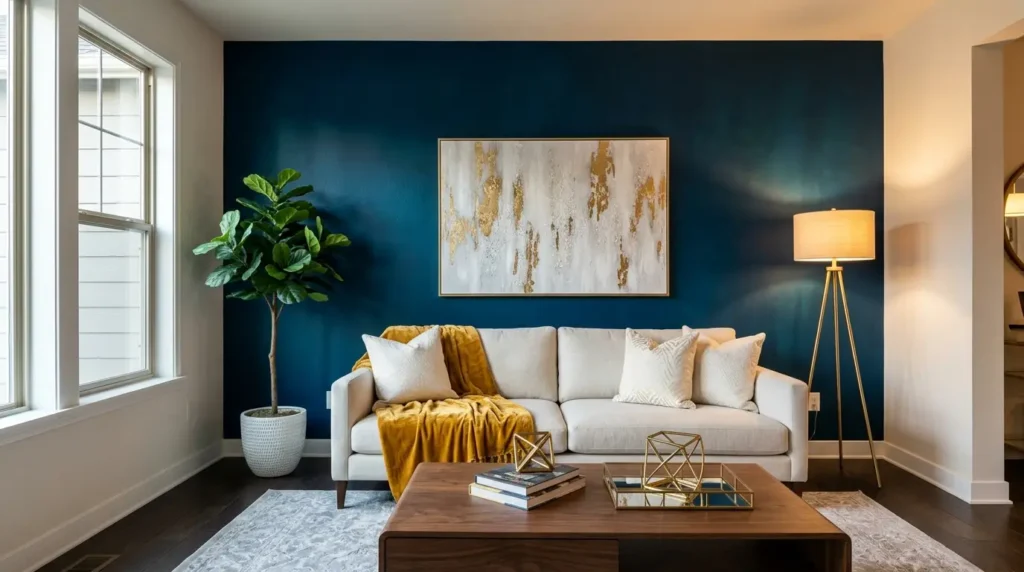 Bold Blue Living Room Makeover: Chic Antlers & Cozy Comfort Unveiled