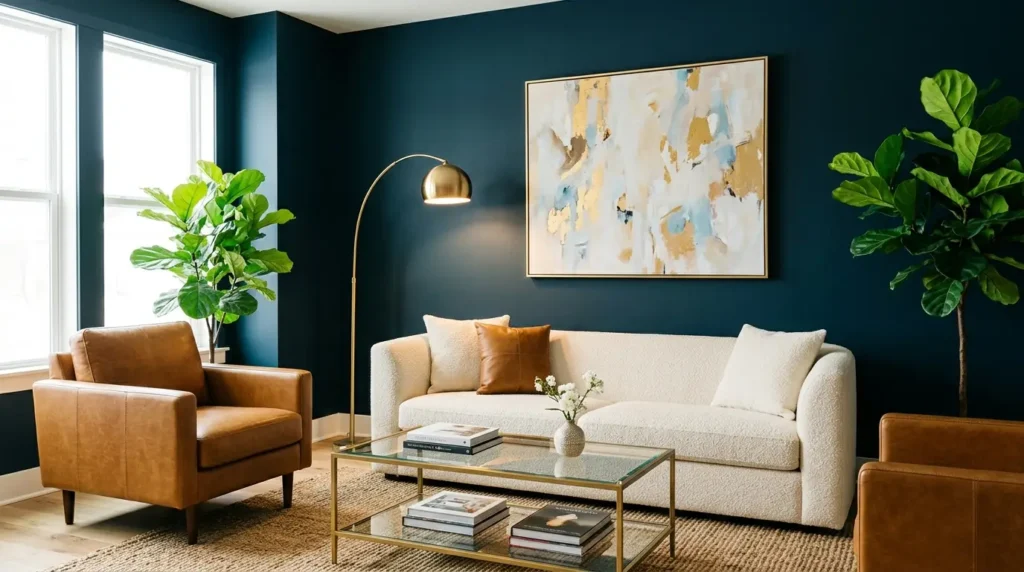 Bold Blue Living Room Makeover: Chic Antlers & Cozy Comfort Unveiled