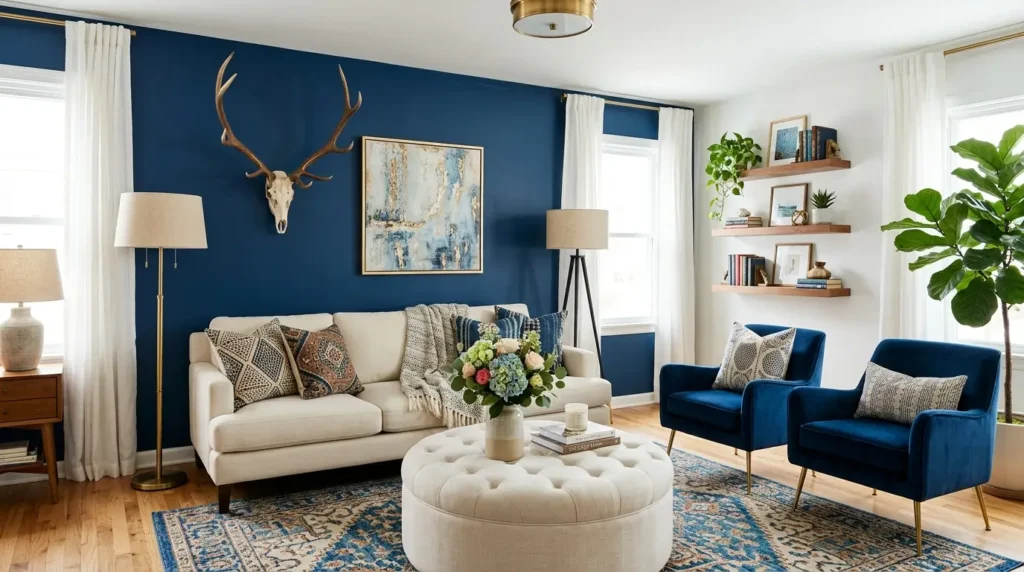 Bold Blue Living Room Makeover: Chic Antlers & Cozy Comfort Unveiled