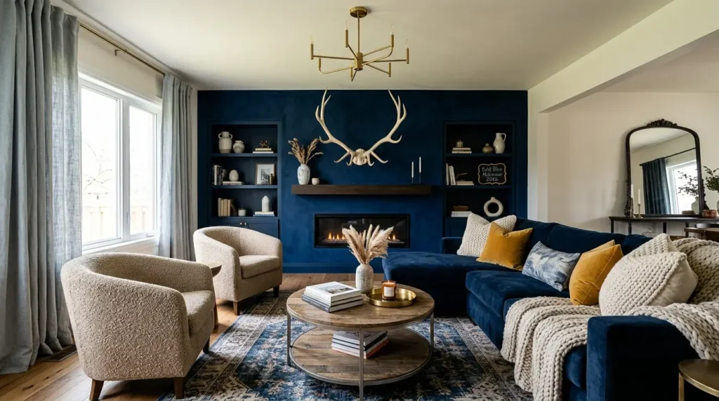 Bold Blue Living Room Makeover: Chic Antlers & Cozy Comfort Unveiled