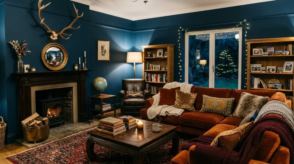 Bold Blue Living Room Makeover: Chic Antlers & Cozy Comfort Unveiled