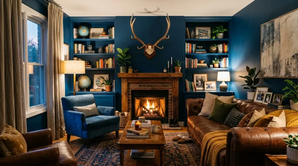 Bold Blue Living Room Makeover: Chic Antlers & Cozy Comfort Unveiled