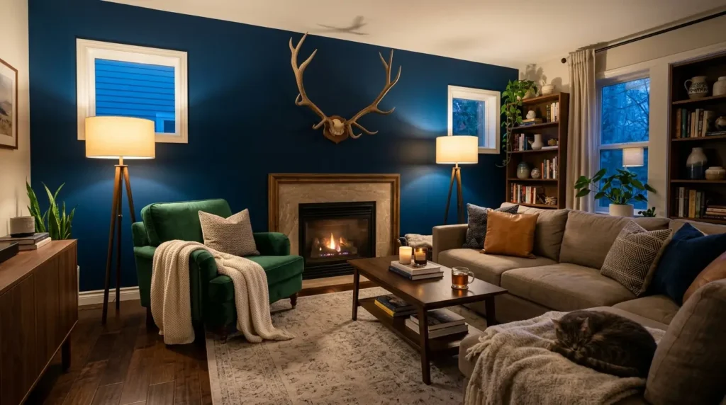 Bold Blue Living Room Makeover: Chic Antlers & Cozy Comfort Unveiled